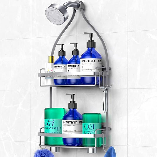 Meangood Shower Caddy Over Shower Head, Sliver Anti-Swing Hanging Shower Caddy with 4 Remove Hooks for Razor, Sponge, Towels Rustproof Shower Organizer for Bathroom Silver