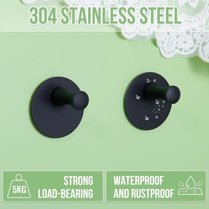2 Packs Matte Black Adhesive Towel Hooks, Heavy Duty Wall Hooks 304 Stainless Steel Waterproof Sticky Towel Holder Shower Hook for Bathroom Kitchen Hanging Hat Robe Coat Bags