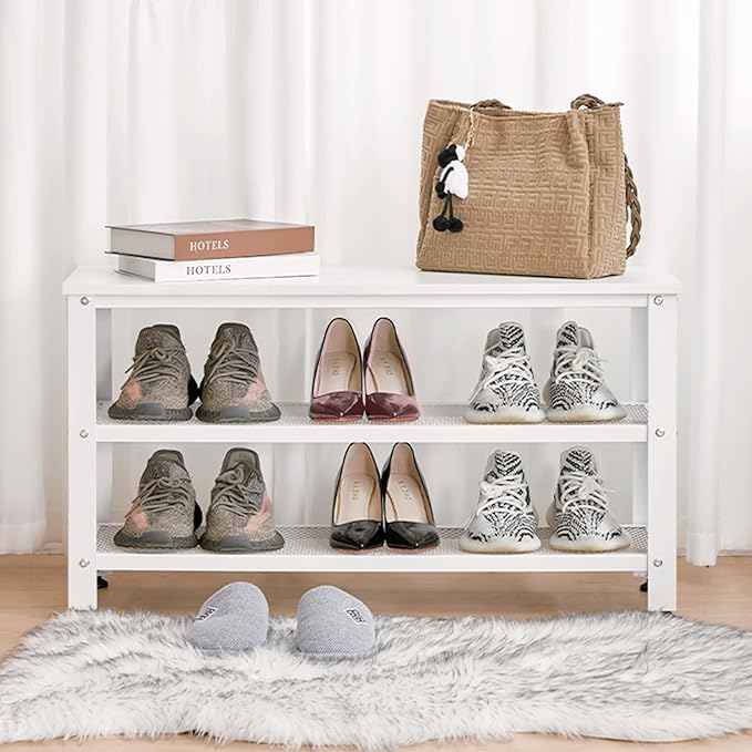 Apicizon White Shoe Rack, 35.5 Inches 3-Tier Shoe Rack for Entryway with Long Seat and Metal Shelves for Garage, Entryway Bench for Hallway Front Door, Mudroom, Doorway, Living Room, Bedroom-NeatNest