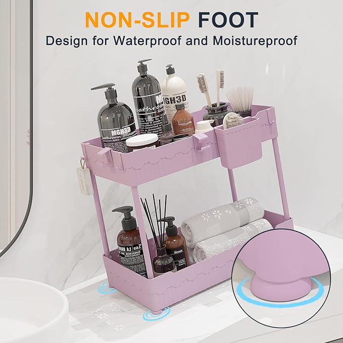 2 Pack Under Sink Organizer, Under Bathroom Cabinet Organizer with Hooks Hanging Cup, Multi-Purpose Storage Shelf for Kitchen Bathroom (Pink, L)-NeatNest
