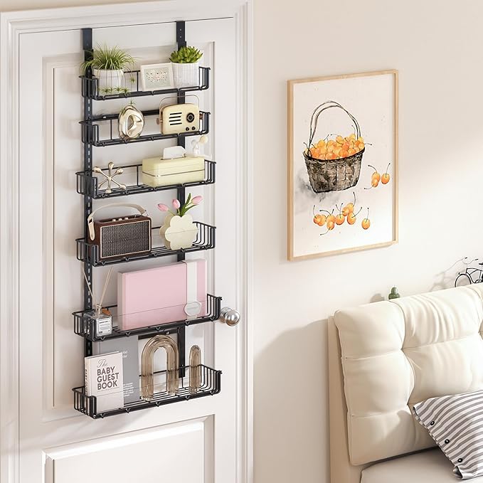 Delamu Adjustable Over the Door Pantry Organizer with Clear Acrylic Panel, 6-Tier Pantry Organization and Storage for Kitchen, Hanging Spice Rack Seasoning Shelves for Cabinet, Easy Install, Black-NeatNest