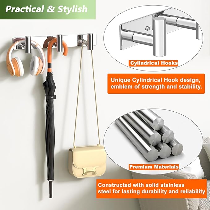 Wall Mounted Coat Rack-3 Hooks, Heavy Duty Stainless Steel Hook Rail for Towel Coat Hat Purse Bag Jacket, Towel Hooks for Entryway Bathroom Kitchen (Glossy 3 Hooks - 1 Pack)-NeatNest