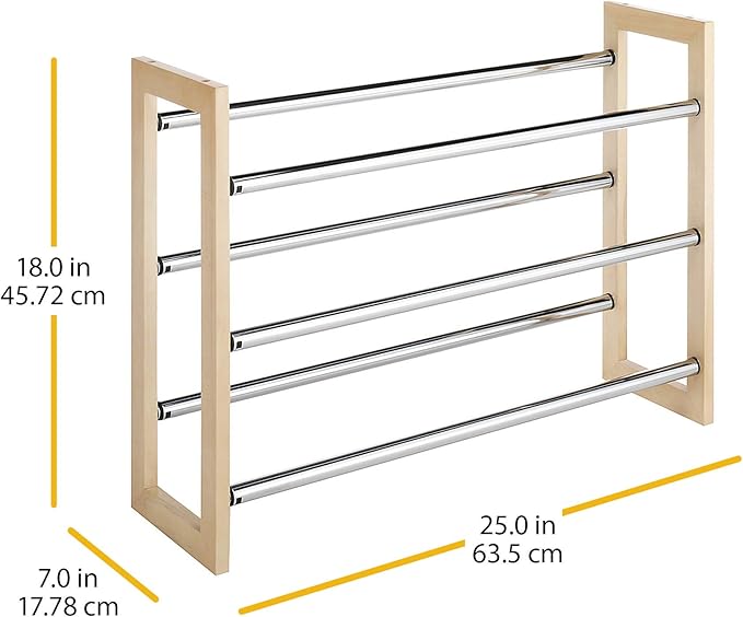 Whitmor 3 Tier Expandable Shoe Rack -Stackable - Natural Wood and Chrome-NeatNest