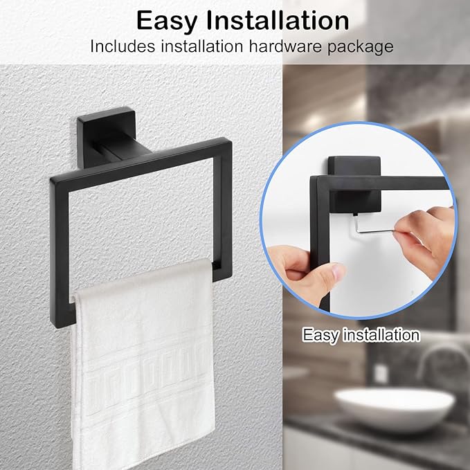 2-Piece Matte Black Square Towel Ring,Modern Hand Towel Holder for Bathroom,SUS304 Stainless Steel Towel Hangers Wall-Mounted