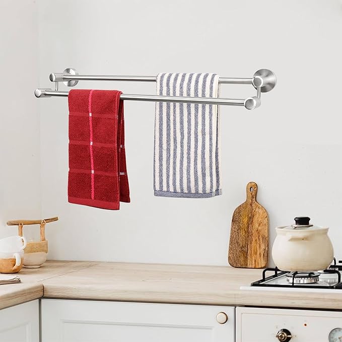 TocTen Double Bath Towel Bar - Thicken SUS304 Stainless Steel Towel Rack for Bathroom, Bathroom Accessories Double Towel Rod Heavy Duty Wall Mounted Towel Holder (Brushed,24IN)