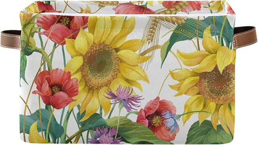 Floral Flower Sunflower Poppy Storage Bin Canvas Toys Storage Basket Bin Large Storage Cube Box Collapsible with Handles for Home Office Bedroom Closet Shelves,1 pc-NeatNest