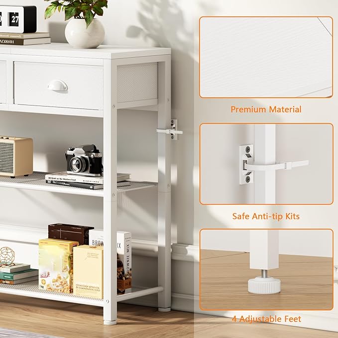 Furologee White Entryway Table, 38'' Console Sofa Table with 3 Fabric Drawers, Industrial Entry Way Table with Storage Shelves, Display Shelf for Living Room, Hallway, Entrance, Foyer-NeatNest