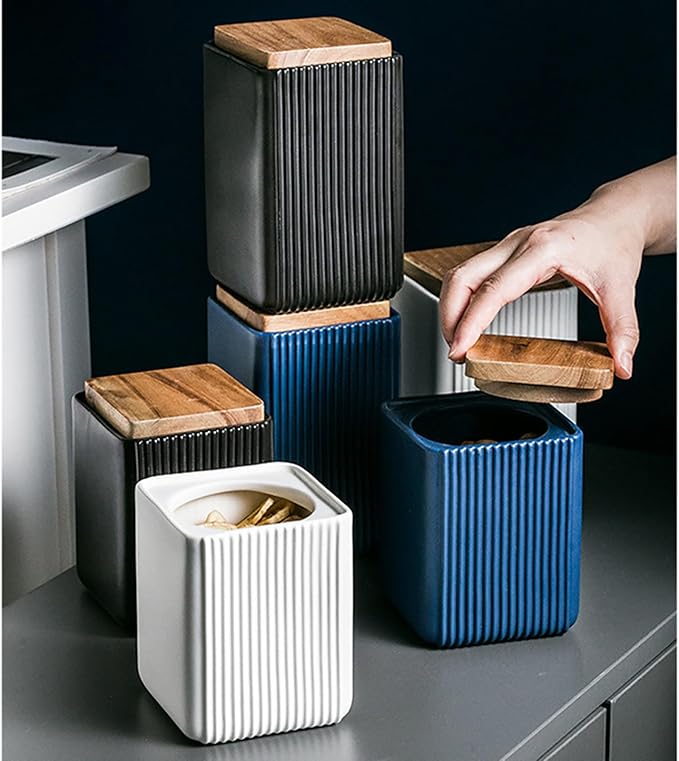 Ceramic Storage Jars Modern Elegant Polished Airtight Gorgeous Storage Canisters with Wooden Lid Small Food Stroage Jar for Kitchen Spice Tea Vanilla Sugar Coffee Beans (Black,Small size,13cm*10cm)-NeatNest