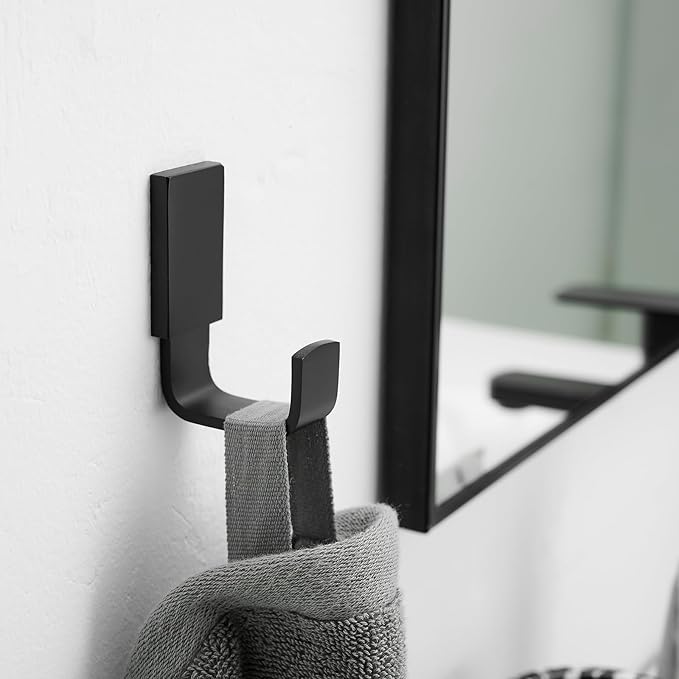 BESy Brass Clothes Hook Single Towel Hook for Bathroom Kitchen Garage Square Style Robe Hooks Coat and Hat Hook, Self Adhesive with Glue or Wall Mounted with Screws, Matte Black-NeatNest