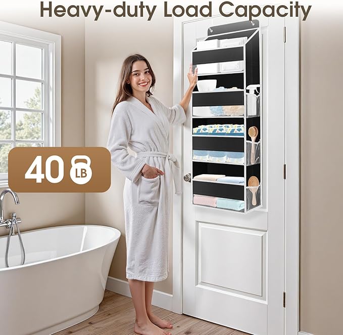 1 Pack Over The Door Organizer, Hanging Storage Organizer with Clear Window, 40lb Ultra Sturdy Large Capacity Room Organizer for Pantry Laundry Bathroom Nursery Closet (Black)-NeatNest