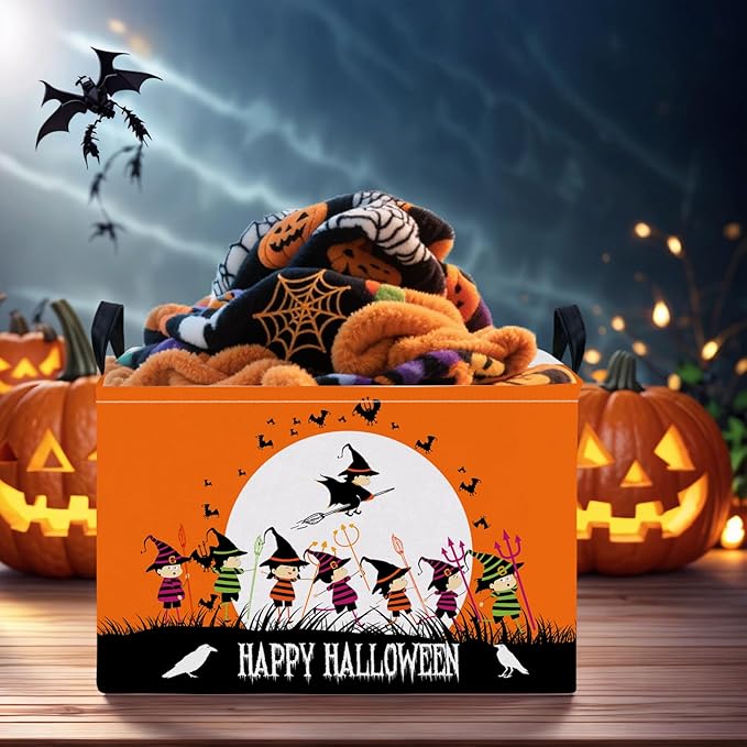 Halloween Basket Gift Cute Pumpkin Ghost Parties Decor Kid Trick or Treat Basket for Boys and Girls Rectangular Storage Bin Box (Witch)-NeatNest