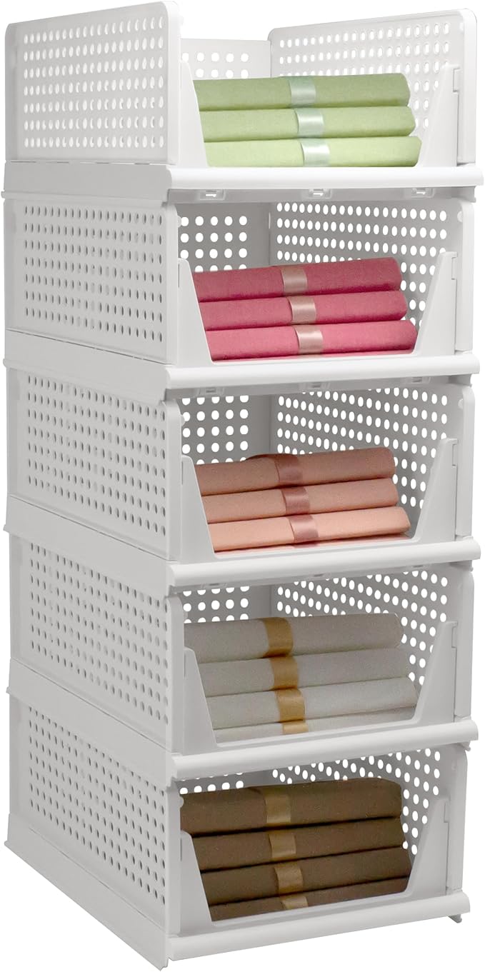 Stackable Foldable Storage Baskets, Folding Storage Bins, Closet Organizers and Plastic Drawer Shelf Storage Container for Wardrobe, Cupboard, Kitchen, Bathroom, Office (White, 5L)