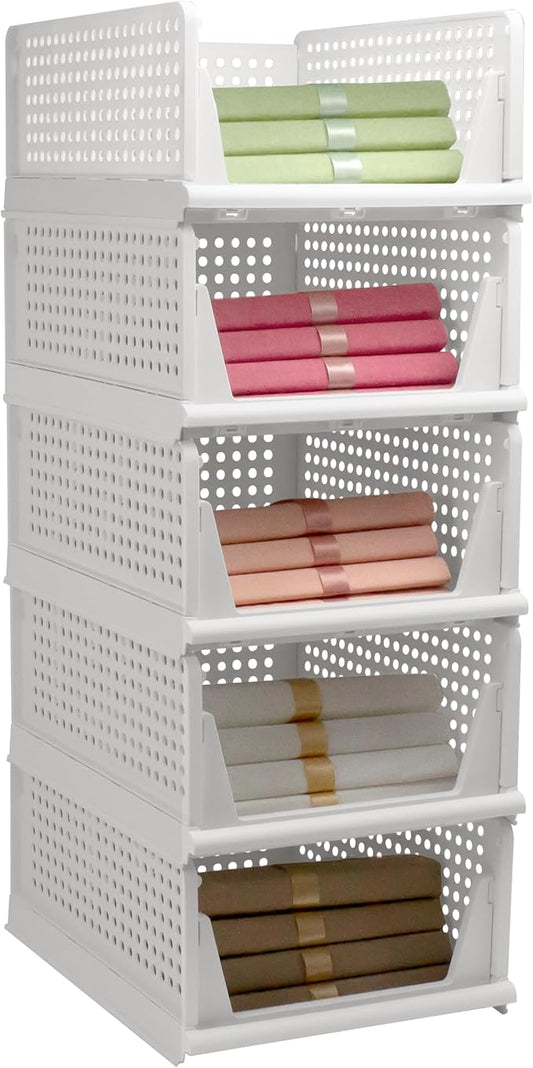 Stackable Foldable Storage Baskets, Folding Storage Bins, Closet Organizers and Plastic Drawer Shelf Storage Container for Wardrobe, Cupboard, Kitchen, Bathroom, Office (White, 5L)