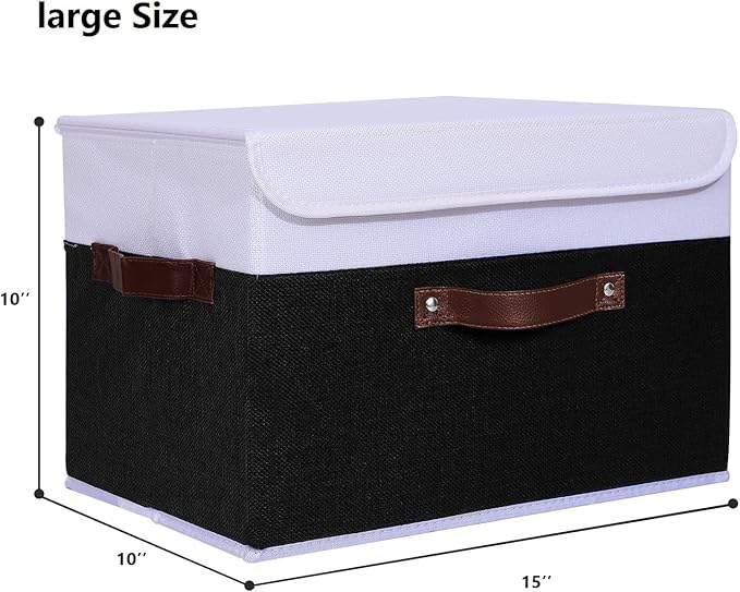 ANMINY 4PCS Storage Boxes with Lid Washable Decorative Storage Bins Basket with PU Leather Handle Foldable Linen Fabric Storage Cubes Containers for Home Closet Organizer - Black White, Large Size-NeatNest