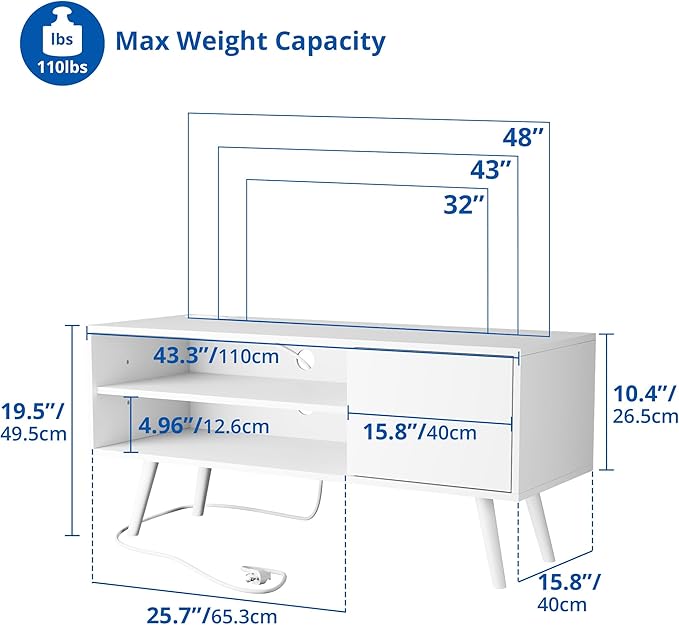 Cozy Castle TV Stand for 48 Inch TV, Mid Century Modern Entertainment Center with Storage Cabinet, TV Media Console with Charging Station for Living Room, Bedroom, White-NeatNest