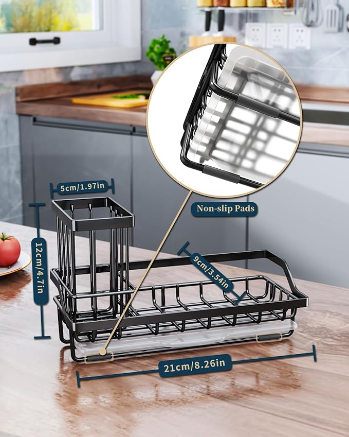 Consumest Sponge Holder for Kitchen Sink - Kitchen Sink Caddy Organizer with Removable Drip Tray for Countertop Dish Soap Dispenser Brush Storage Accessories 304 Stainless Steel - Black-NeatNest