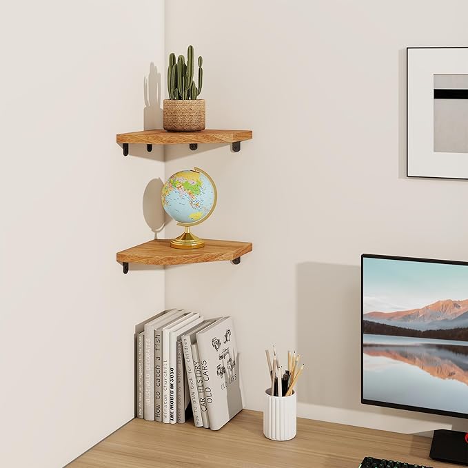 Fun Memories Corner Shelf Wall Mount Set of 2 - Solid Oak Wood Floating Corner Shelf with Cable Hole, 7in Rustic Design for Bedroom, Living Room, Kitchen (Natural)-NeatNest
