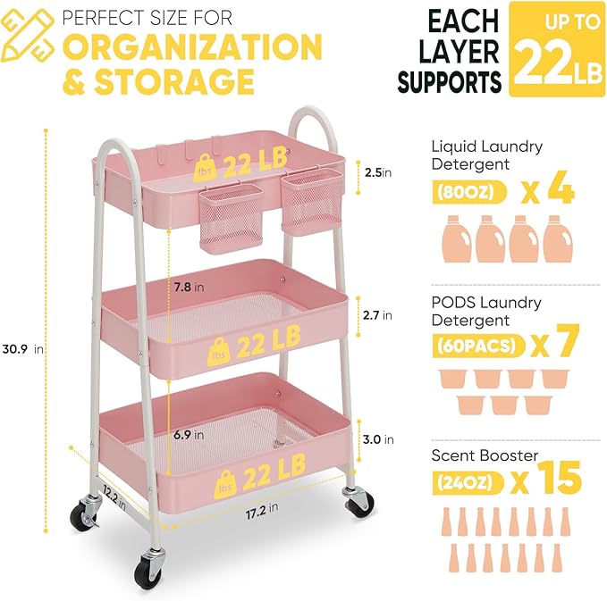 Sekey 3 Tier Rolling Cart Metal, Easy Install Utility Cart on Wheels, Hanging Cups & Hooks, Heavy Duty Storage Cart with Lockable Wheels for Baby Nursery, Bathroom, Kitchen, Laundry Room, Pink