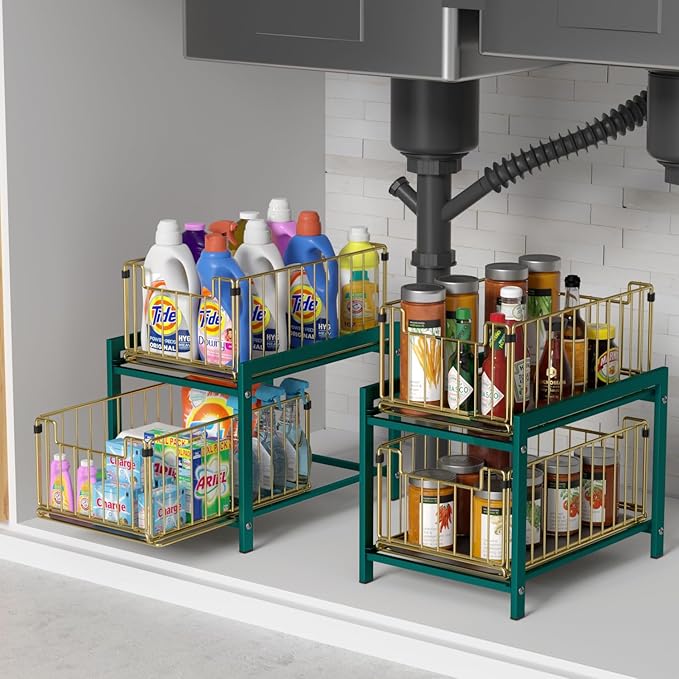 2 Tier Sliding Basket Drawer Organizer, Lxmons Pull Out Under Sink Cabinets Organizers, Metal Home Shelf for Bathroom or Kitchen, Sliding Countertop or Pantry Storage Shelf, Large Gold Green-NeatNest