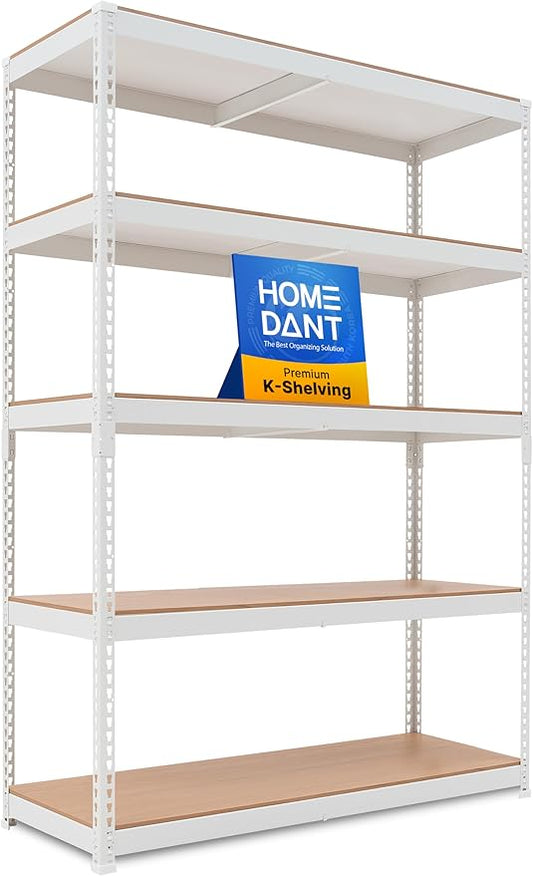 HOMEDANT White 5 Tier Laminated Boltless Heavy Duty Garage Storage Adjustable Wide Size Metal Shelving Unit Utility Rack Shelves Organization Shelf Shed Warehouse 47.7" W x 18.2" D x 71.3" H 1Pack-NeatNest