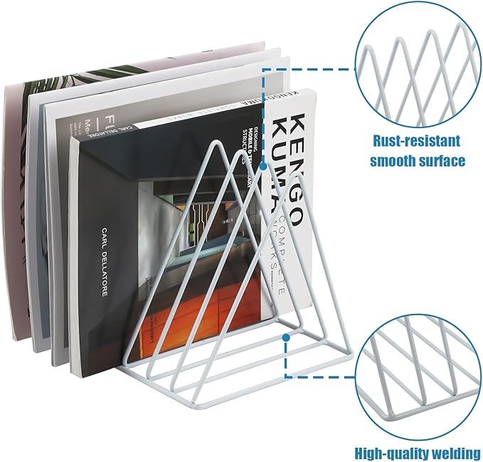 COSYAWN Triangle 7 Slot Vinyl Record Holder, Anti-Rust Metal Magazine Album Display Rack Desktop File Sorter Organizer, Paper Letter Newspaper Storage for Home Office, White 2 PACK