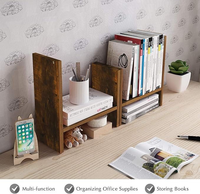 Jerry & Maggie Desktop Organizer Office Storage Rack Adjustable Wood Display Shelf Free Style Double H, Multi-Functional Mini Bookshelf for Desk Natural Stand (Natural Wood Tone)-NeatNest