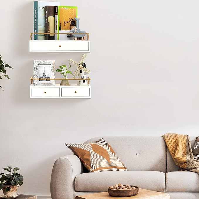 Floating Shelves With Drawers Set of 2, Wall Mounted Bathroom Storage, Rustic Wood Shelves for Bedroom, Living Room, Kitchen, Home Decor, Plants, Books (White)-NeatNest