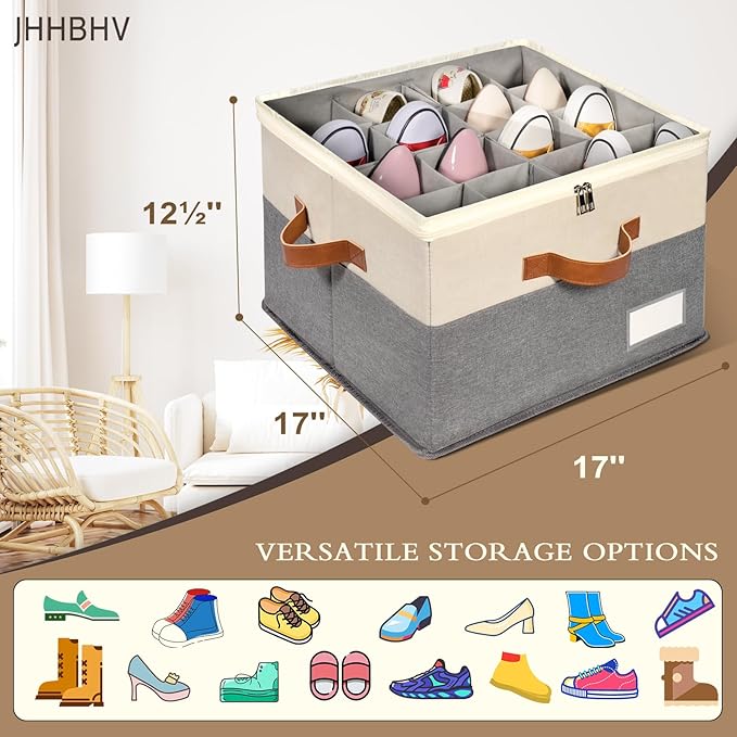 1 Pack Shoe Organizer for Closet, Adjustable Shoe Box Storage Containers, Large Foldable Shoe Bins with Clear Cover, Space Saving Shoes Holder with 4 Handles, Fits 8-16 Pairs, Beige-NeatNest