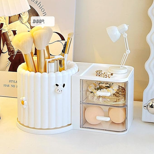 Makeup Organizer Countertop,360 Rotating Makeup Brush Holder with 2 Drawer Organizer, Small Preppy Kids Desk Organizer|9.25x5.11inch|White-NeatNest