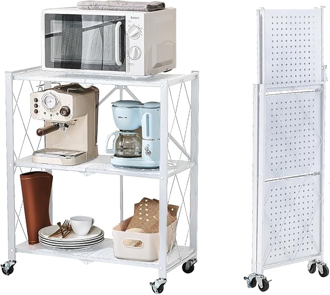 BRIAN & DANY 3-Shelf Foldable Storage Shelves with Wheels, No Assembly Folding Shelf Metal Rack, Shelving Unit for Kitchen, Garage, White-NeatNest