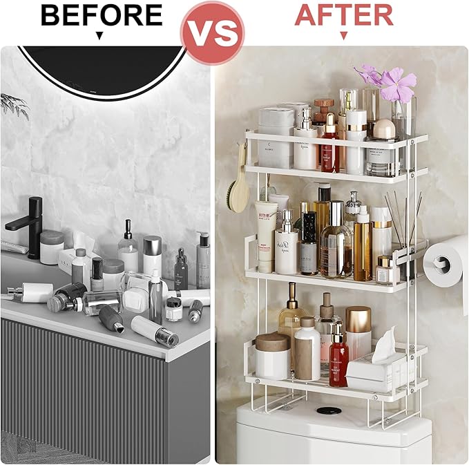 Godboat Bathroom Organizers and Storage, 3-Tier Over The Toilet Storage, Wall Shelf with Paper Holder and 2 Hooks, No Drilling Cool Decor and Home Decor, Gifts for Women, Mom, Mothers Day (White)-NeatNest