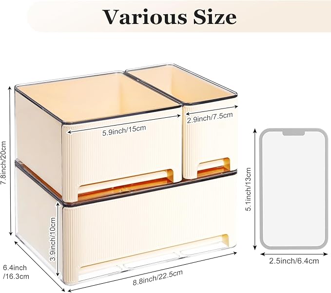 Stackable Makeup Organizer, 3 Pack Plastic Drawer Storage with Handle for Vanity Bathroom Countertop, Cream-NeatNest