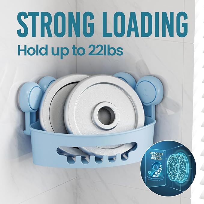 TAILI Suction Corner Shower Caddy, Bathroom Shelf Storage Basket Wall Mounted Organizer for Shampoo, Conditioner, Plastic Rack for Kitchen and Bathroom, Drill-Free Removable -Blue