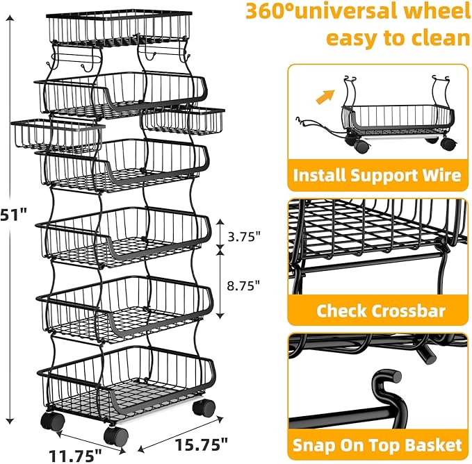 Simple Trending 6 Tier Rolling Cart, Stackable Fruit Vegetable Basket with Wheels and 2 Hanging Basket, Kitchen Storage Metal Wire Basket Stand for Vegetable Bread Snacks, Black
