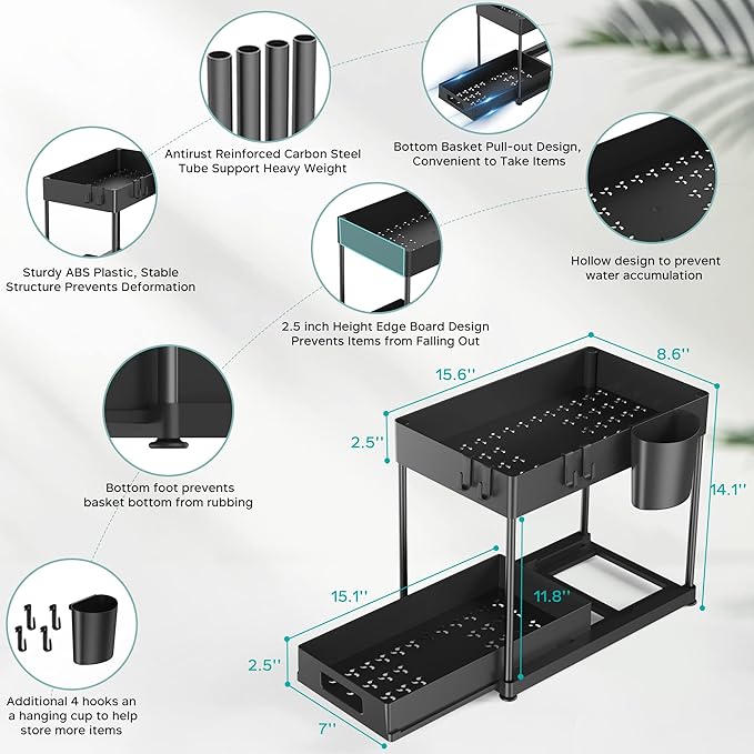 Under Sink Organizers and Storage, 2 Pack Large Capacity Heavy Load Pull-out Under Sink Shelves with Sliding Drawer for Kitchen and Bathroom, Black, 12 x 8.7 x 15.7 inch-NeatNest
