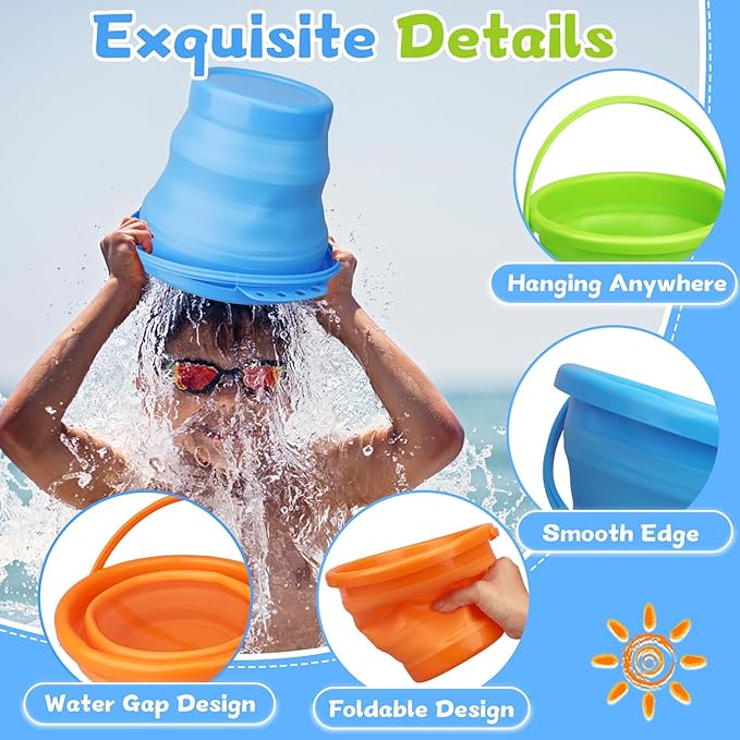 Foldable Beach Sand Toy Bucket for Kids Adults, Jumbo Collapsible Sandbox Bucket, Foldable Pail with Mesh Bag, Multi Use for Garden Beach, Camping, Easter Basket Gift, Fishing, Travelling 3PCS-NeatNest