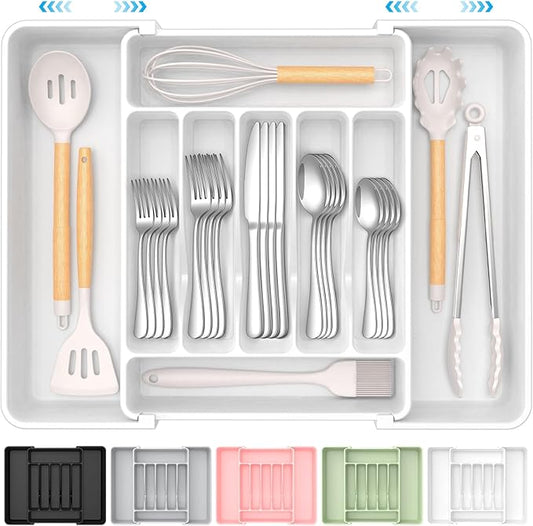 Extra Large Expandable Silverware Organizer, BPA-Free Food-Safe Cutlery Flatware Organizer, Kitchen Utensil Drawer Organizer, Adjustable Silverware Holder for Spoons Forks Knives, White-NeatNest