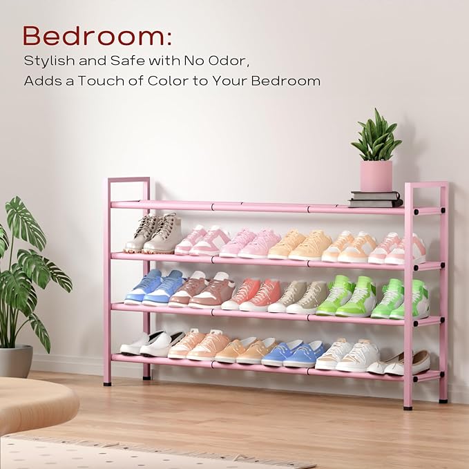 Bumusty 4-Tier Long Expandable Shoe Rack for Closet, 18"-44" Adjustable Shoe Rack for Entryway, 20-24Pairs Large Shoe Organizer Shelf Storage, Sturdy Metal, Black-NeatNest