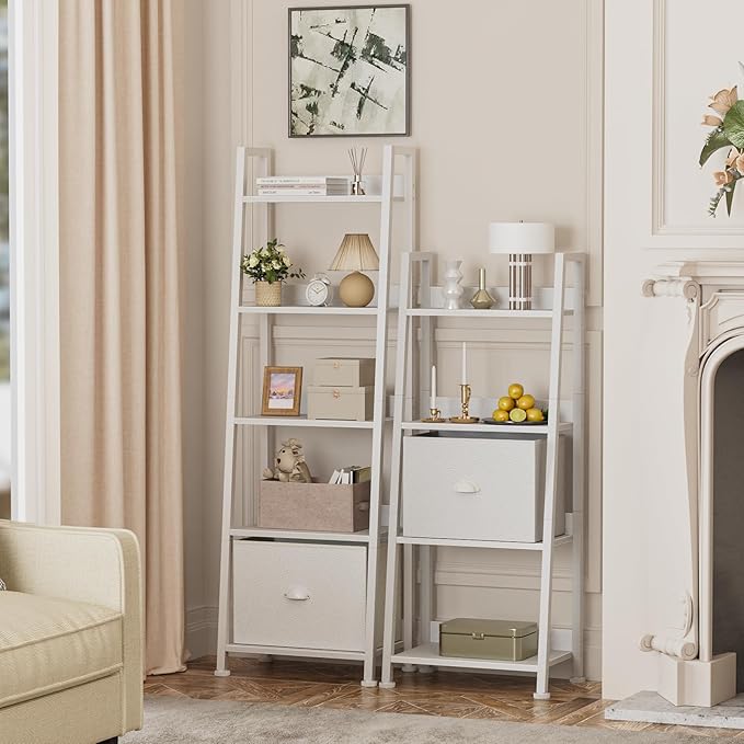 Furologee 4-Tier White Ladder Shelf, Ladder Bookshelf with Removable Drawer, Bookcase Storage Rack Organizer, Freestanding Storage Shelves for Living Room, Home Office, Bedroom