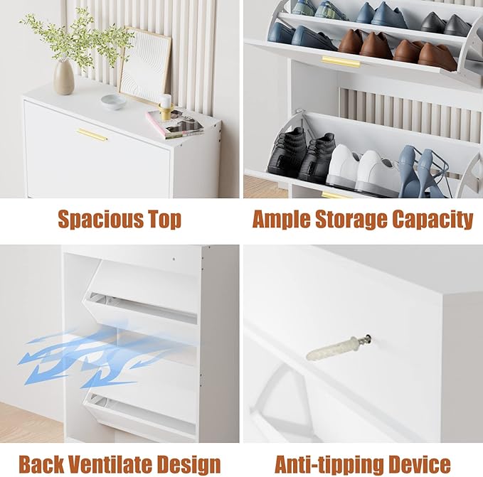 JOZZBY Shoe Cabinet for Entryway, Narrow White Shoe Storage Cabinet with 2 Flip Drawers, Wooden Hidden Shoe Rack Organizer with 2 Tier Freestanding for Hallway, Living Room, Set of 2-NeatNest
