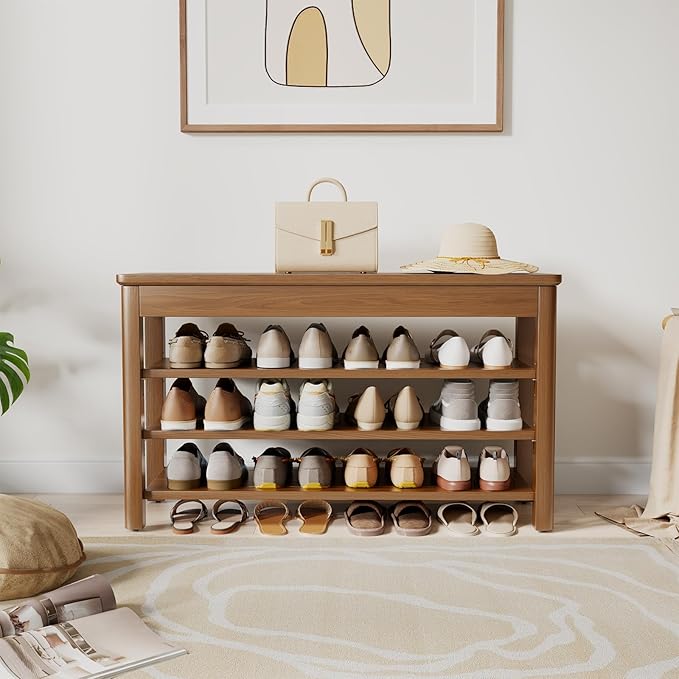 3 Tier Shoe Bench with Storage, Wood Shoe Rack for Front Door Entrance, Entryway Shoe Storage Bench.