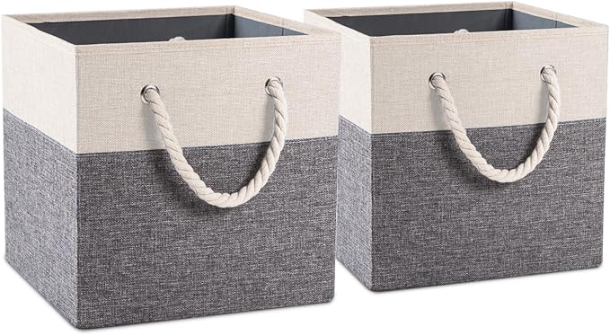 PRANDOM Large Foldable Cube Storage Bins 11x11 inch [2-Pack] Fabric Linen Storage Baskets Cubes Drawer with Cotton Handles Organizer for Shelves Nursery Closet Bedroom White and Grey-NeatNest