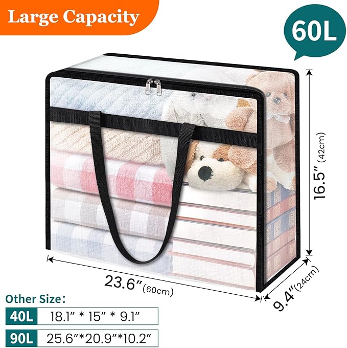 4 Pack Clear Storage Bags for Comforter, Clothes & Bedding, Plastic Blanket Storage with Zipper and Handle, Moving Bags, Closet Organizer and Under-Bed Storage (60L)-NeatNest