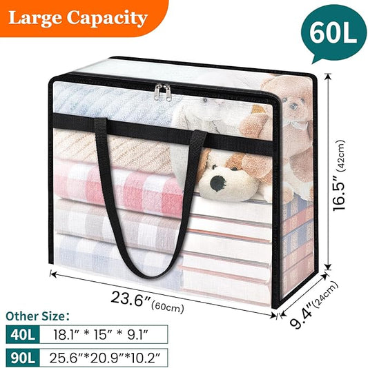 4 Pack Clear Storage Bags for Comforter, Clothes & Bedding, Plastic Blanket Storage with Zipper and Handle, Moving Bags, Closet Organizer and Under-Bed Storage (60L)-NeatNest