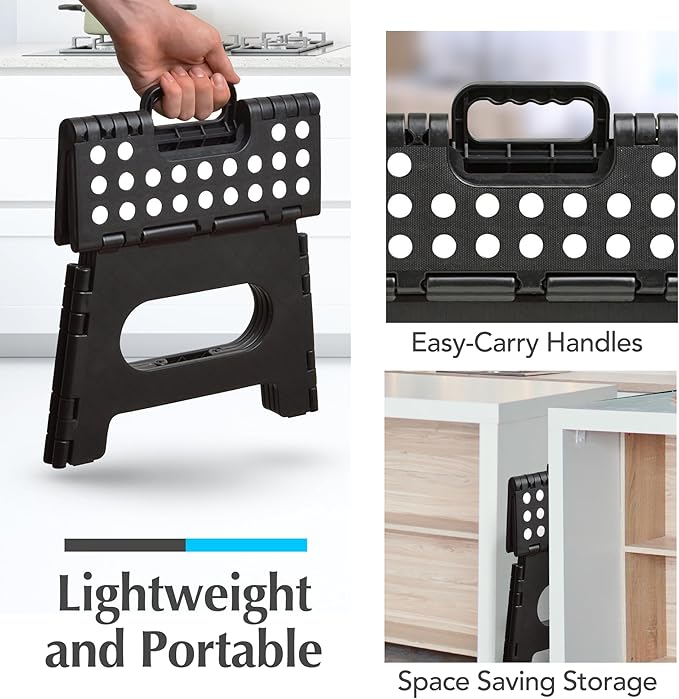 Handy Laundry Folding Step Stool - Sturdy Enough Collapsible Stool to Support Adults and Safe Enough for Kids - Opens Easy with One Flip - Great for Kitchen, Bathroom or Bedroom (Black - 9 Inch)