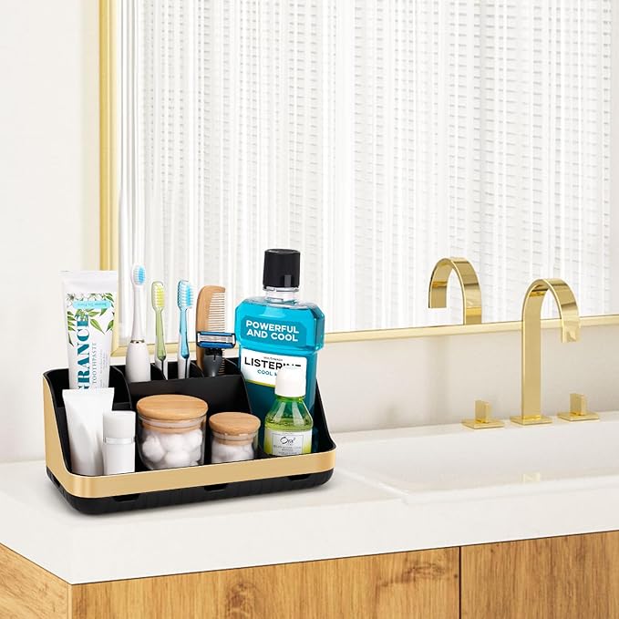 Gold Toothbrush Holders for Bathrooms Countertop Organizer - Detachable 7 Slots Electric Toothbrush and Toothpaste Holder, Kids Organization and Storage, Restroom Accessories Vanity Stuff-NeatNest