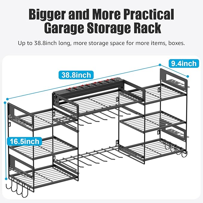 CCCEI Black Power Tool Organizer Wall Mount, Large Tools and Battery Storage Rack Charging Station Individual Switches. Drills Holder, Garage Utility Shelves with 6FT Power Strip. Gift for Men.-NeatNest