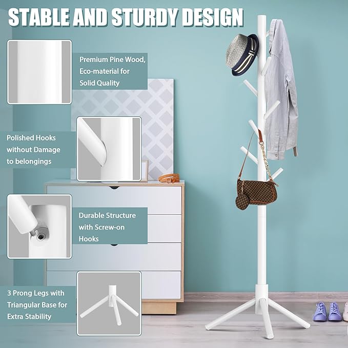 Haddockway Wooden Coat Rack Stand with 8 Hooks New Zealand Pine 3 Adjustable Coat Standing Tree Easy Assembly for Coats, Hats, Scarves and Handbags for Entryway, Hallway, Bedroom, Office,2 PCS-NeatNest