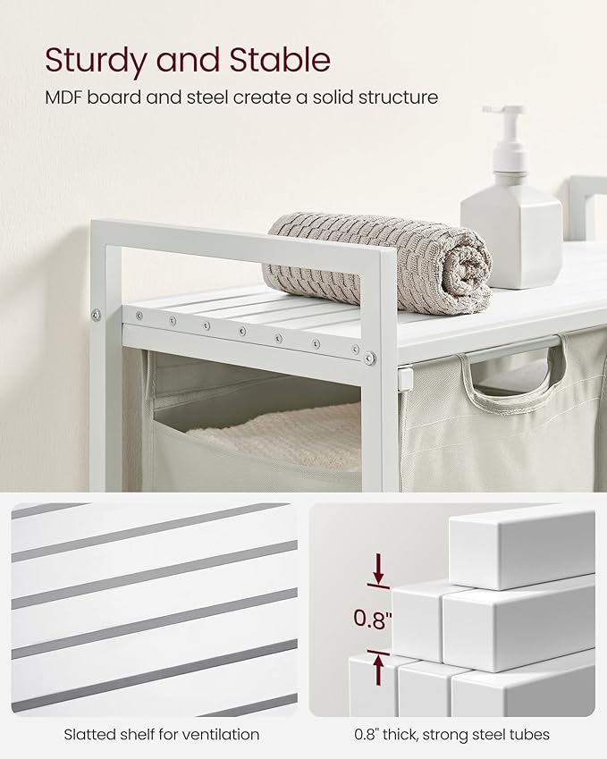 VASAGLE Laundry Hamper, Laundry Basket, Laundry Sorter with 2 Pull-Out and Removable Bags, Shelf, Metal Frame, 2 x 12.1 Gallons (46 L), 28.8 x 13 x 28.4 Inches, Cream White and Cloud White UBLH201W01-NeatNest