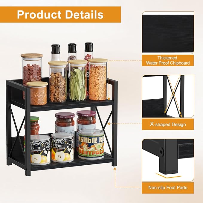 Giikin Kitchen Counter Shelf, 2 Tier Kitchen Spice Rack Organizer for Countertop, Wood Coffee Bar Organizer for Home (Black, S)-NeatNest